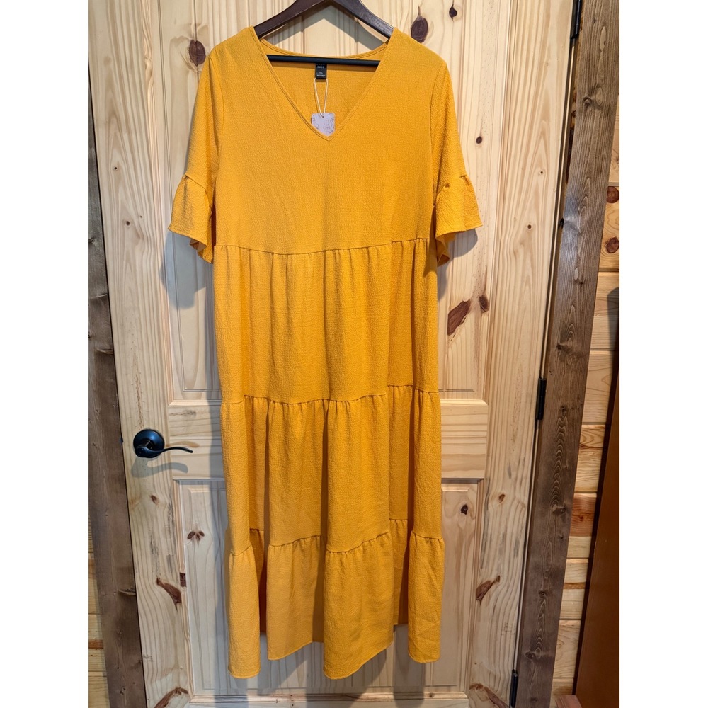 Emery Rose Women Mustard Yellow Tiered Maxi Dress V-Neck Ruffle Sleeve 1XL NWT
